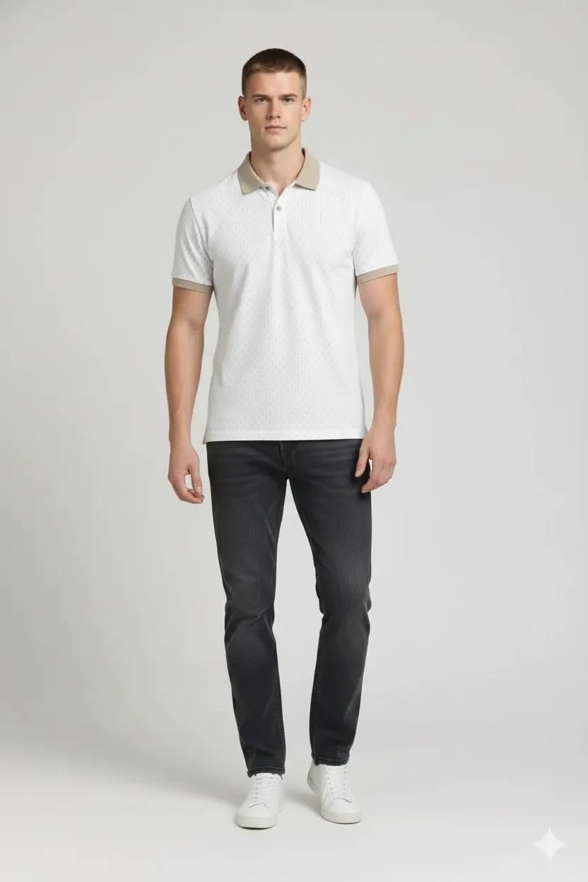 Men Off White Printed Polo Collar T-shirt