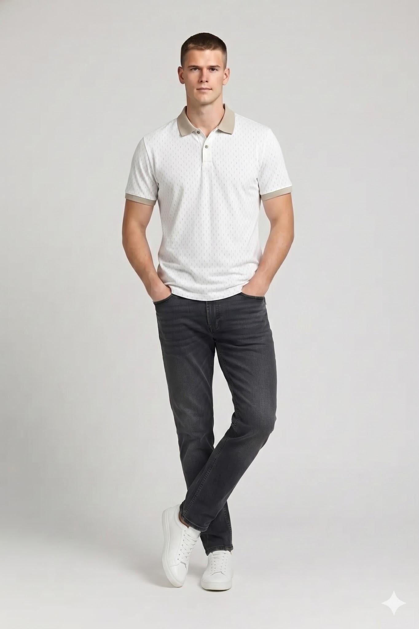 Men Off White Printed Polo Collar T-shirt
