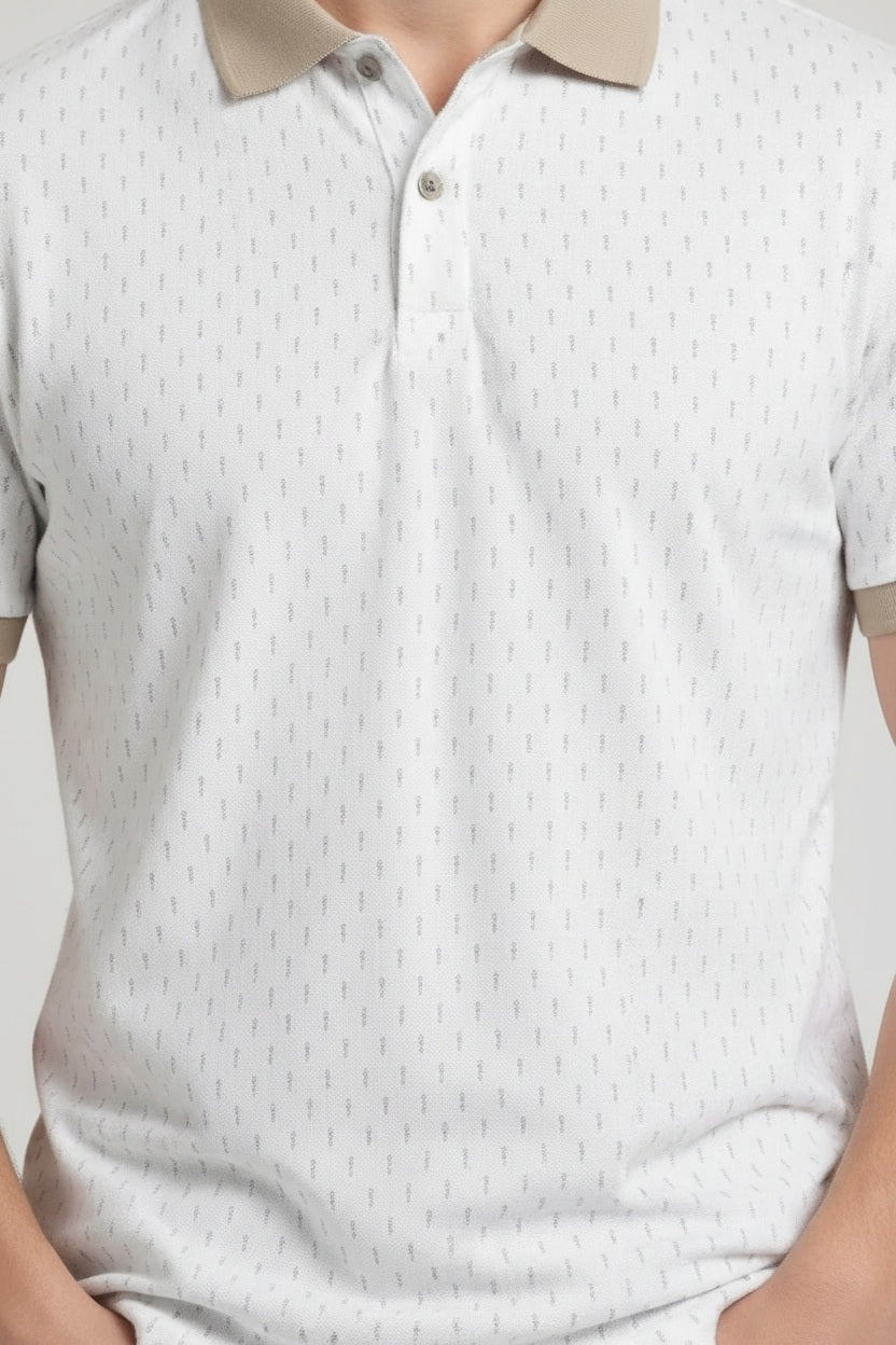 Men Off White Printed Polo Collar T-shirt