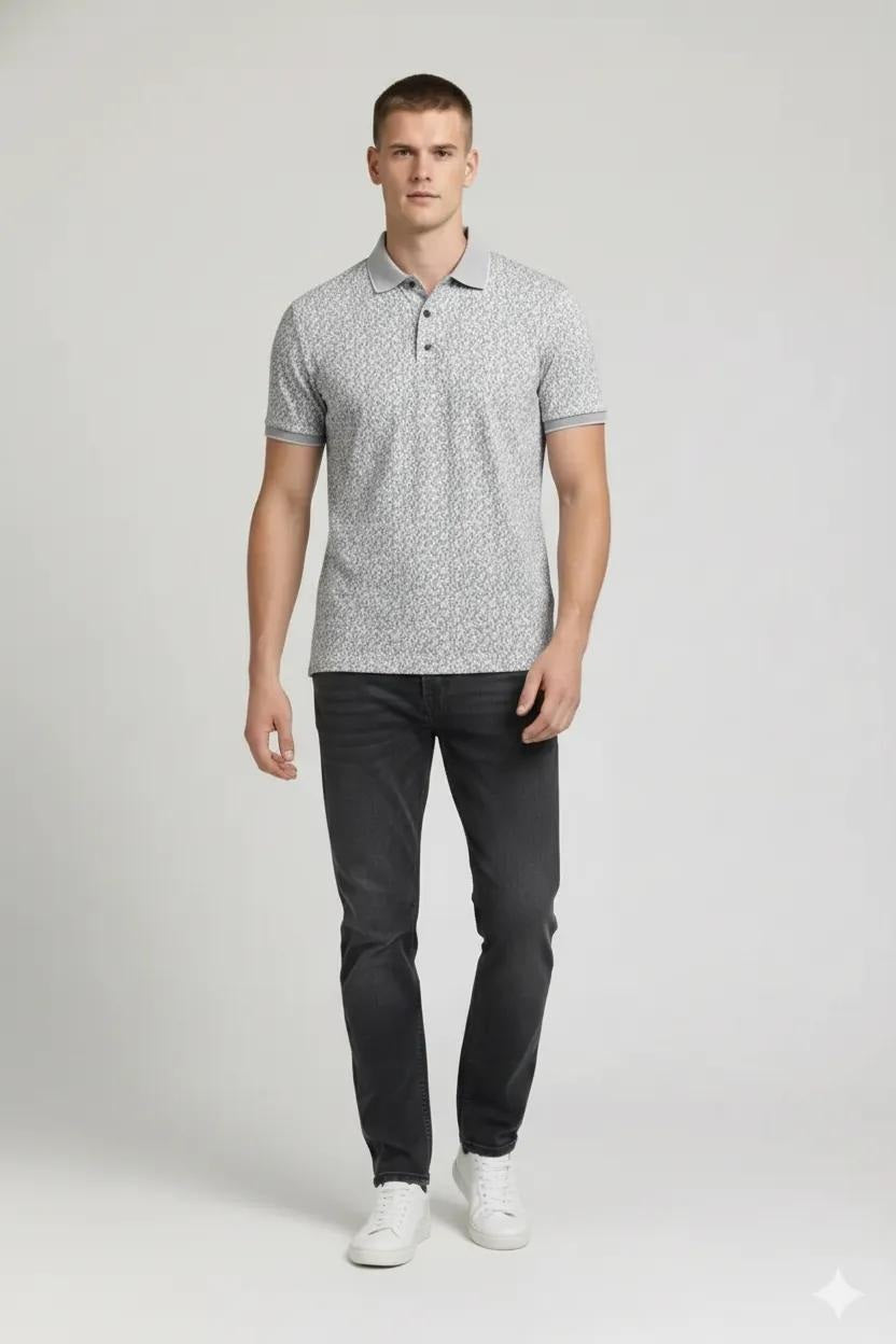 Men Silver Printed Polo Collar T-shirt