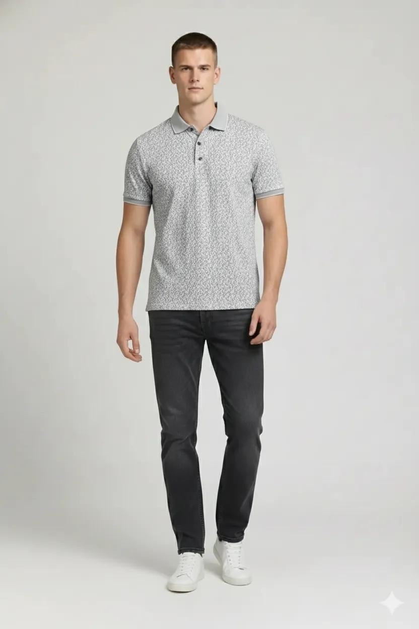 Men Silver Printed Polo Collar T-shirt