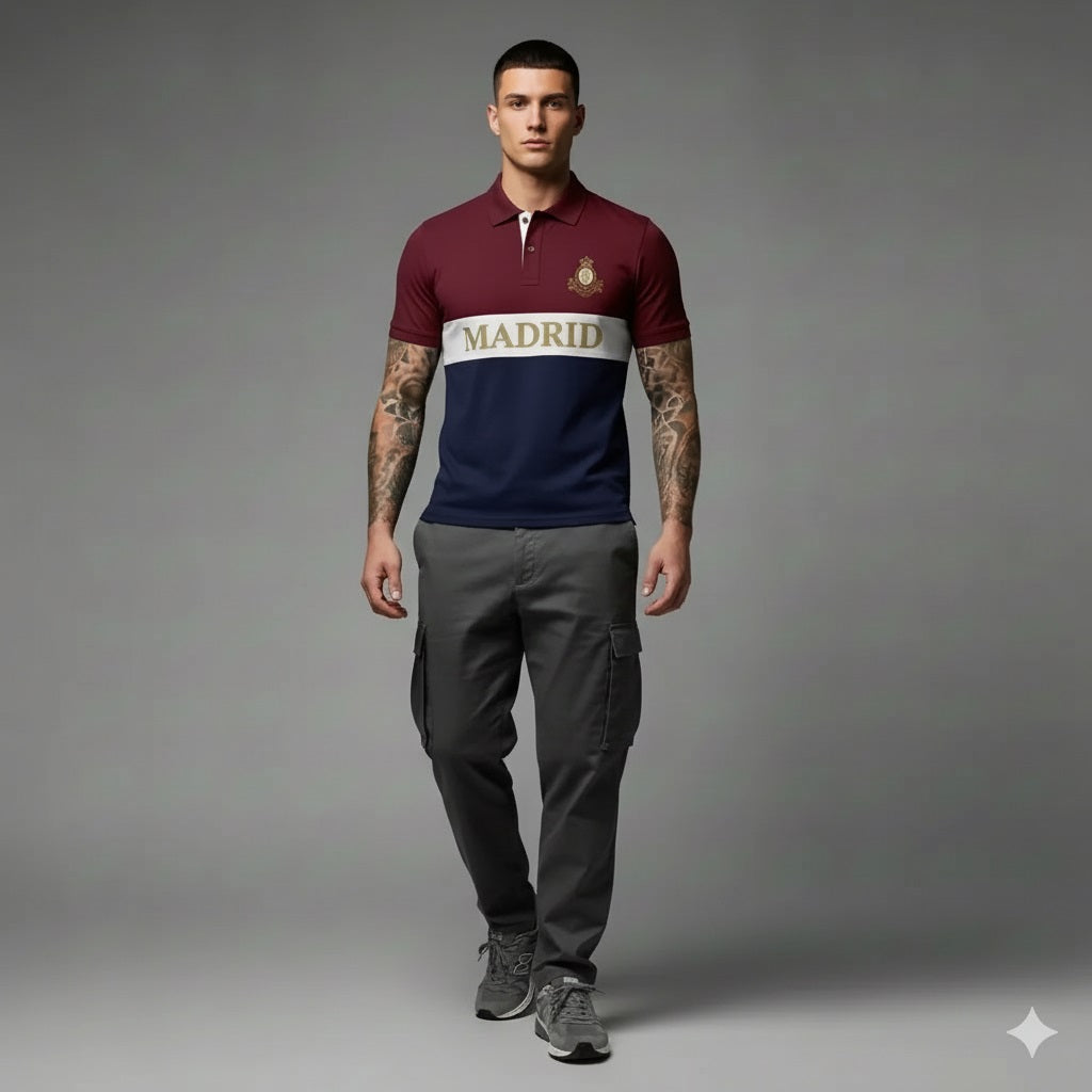 Men Merlot Colourblocked Polo Collar Cotton T-shirt