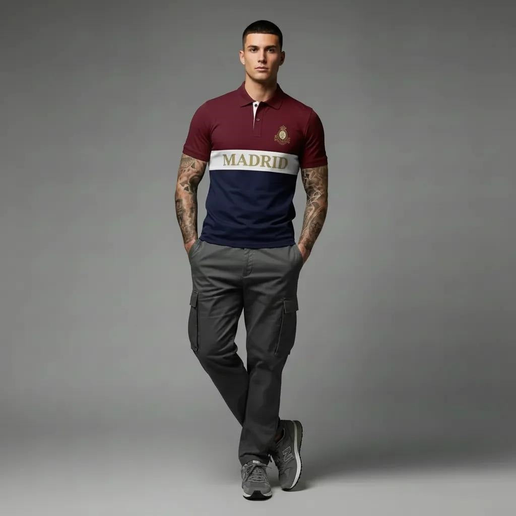 Men Merlot Colourblocked Polo Collar Cotton T-shirt