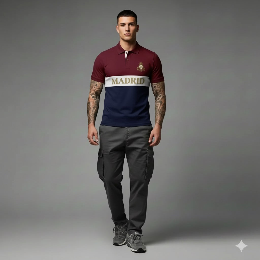 Men Merlot Colourblocked Polo Collar Cotton T-shirt