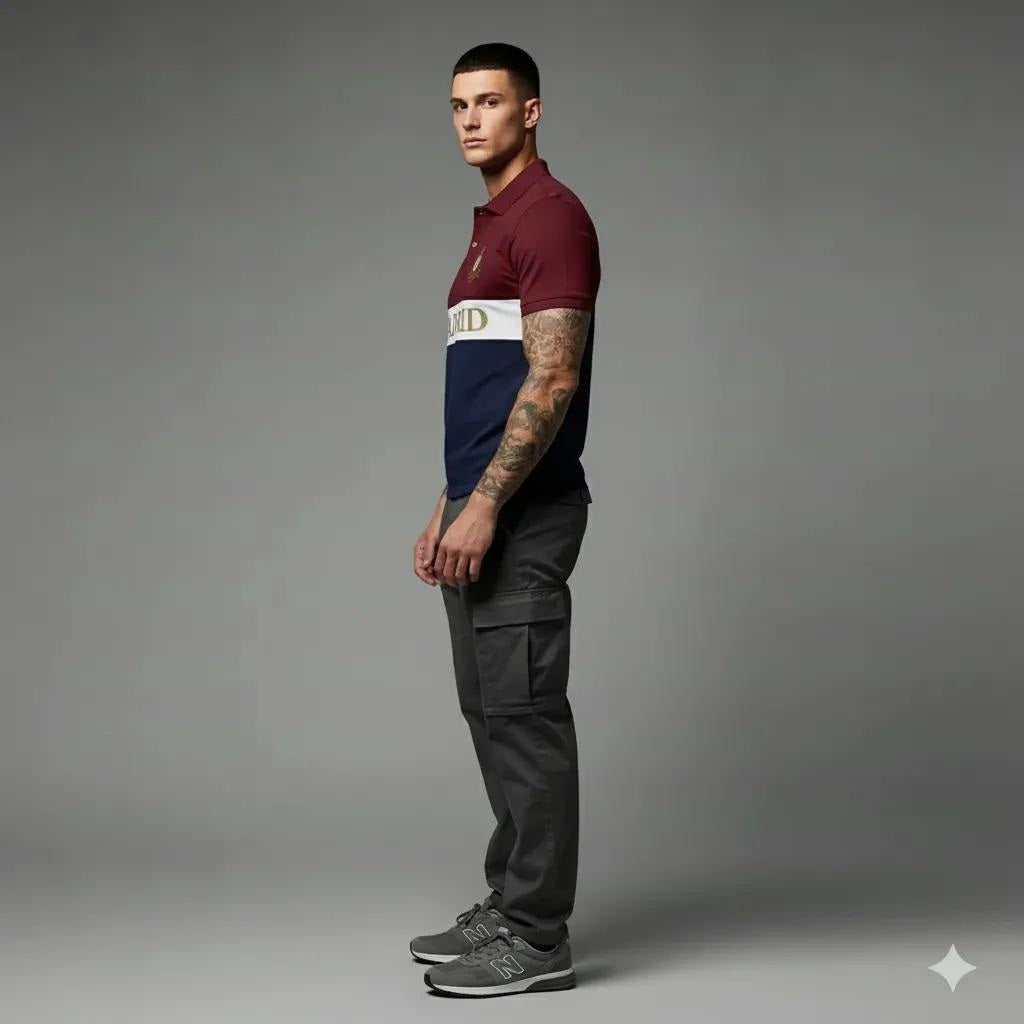 Men Merlot Colourblocked Polo Collar Cotton T-shirt
