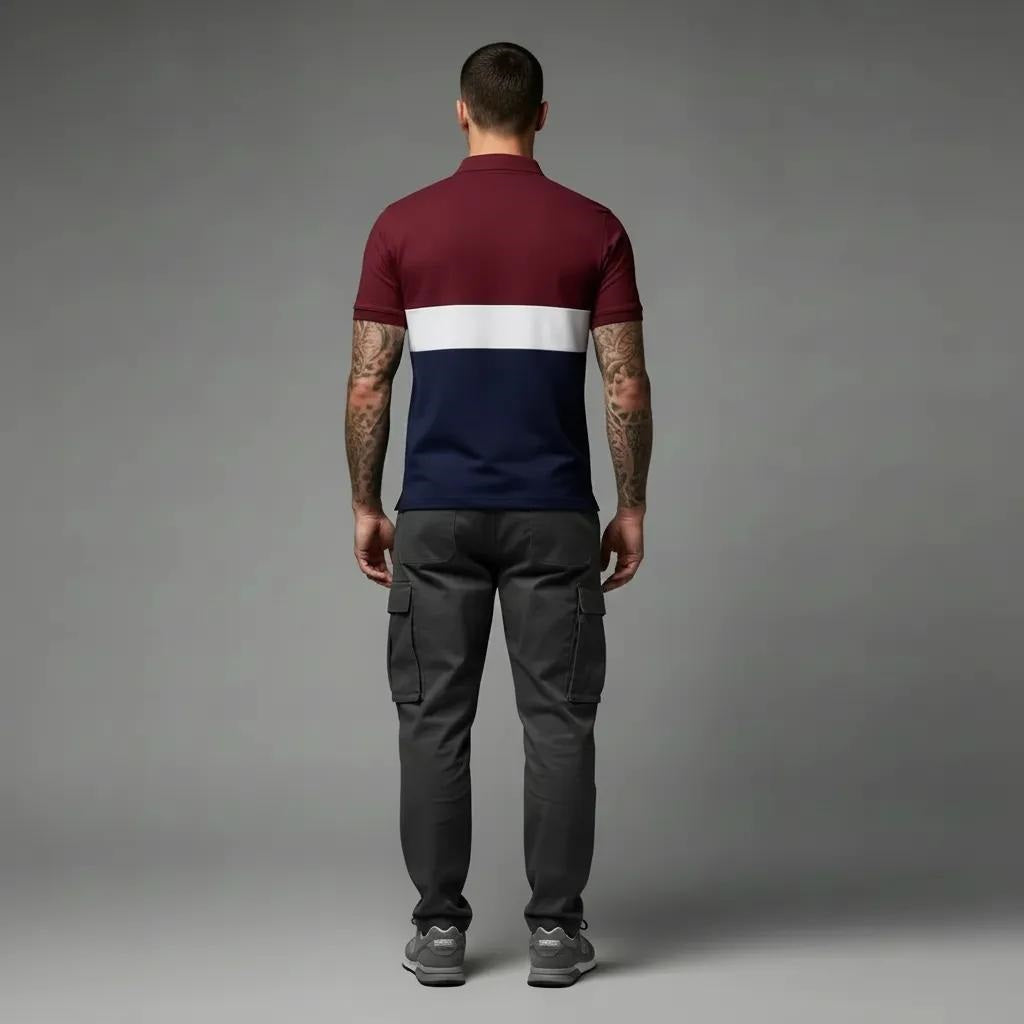 Men Merlot Colourblocked Polo Collar Cotton T-shirt