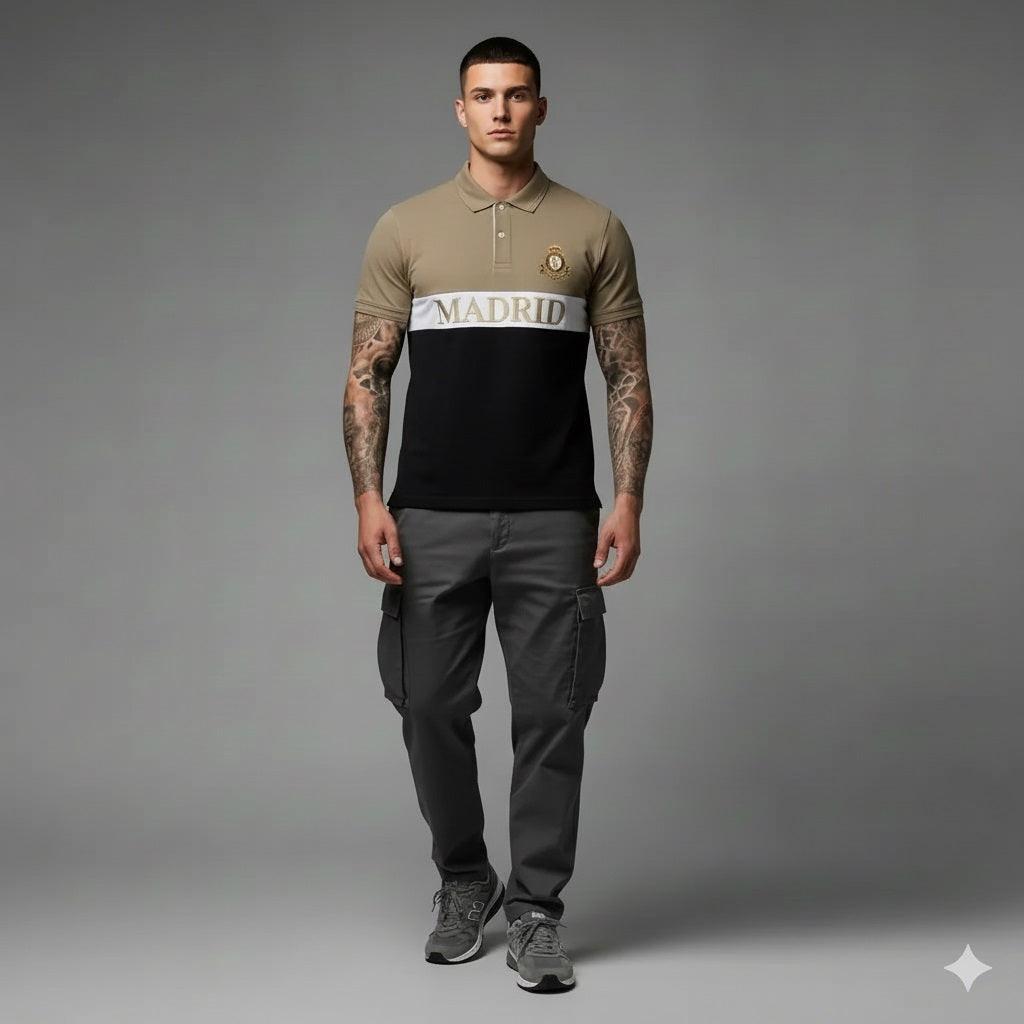 Men Safari Colourblocked Polo Collar Cotton T-shirt