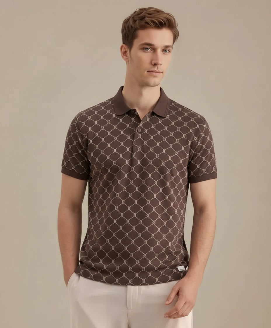 Men Coffee Printed Polo Collar T-shirt