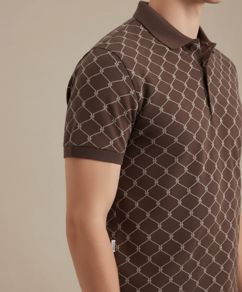 Men Coffee Printed Polo Collar T-shirt