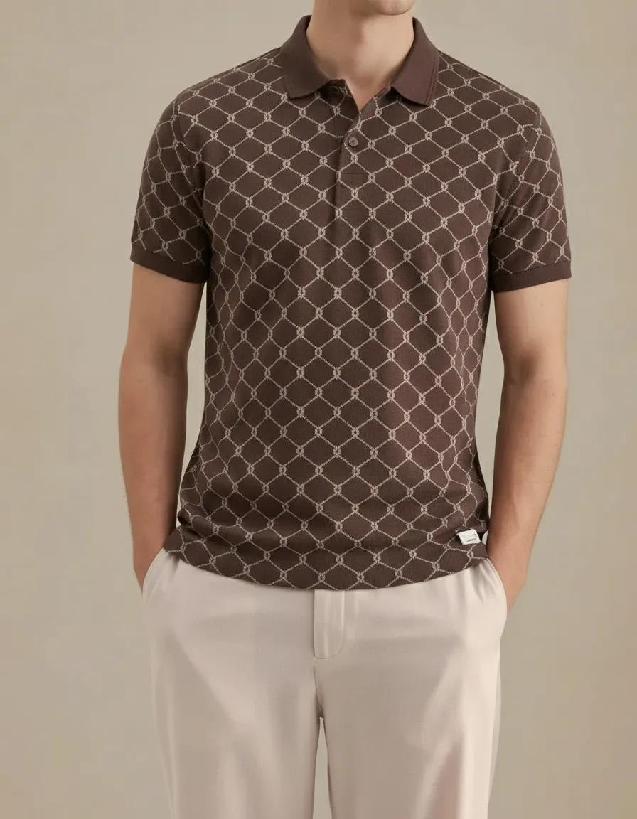 Men Coffee Printed Polo Collar T-shirt