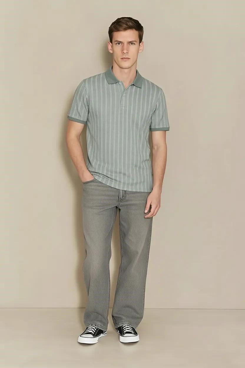 Men Pearl Blue Striped Polo Collar T-shirt