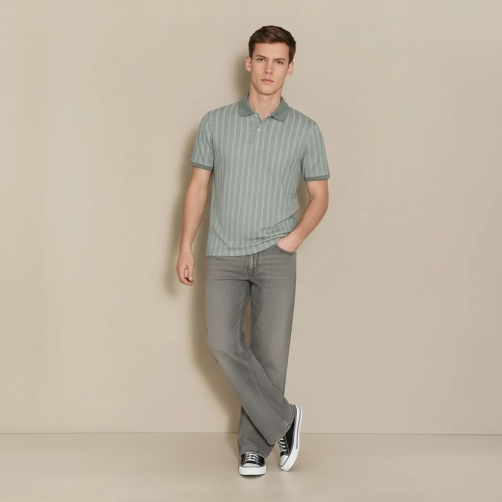 Men Pearl Blue Striped Polo Collar T-shirt