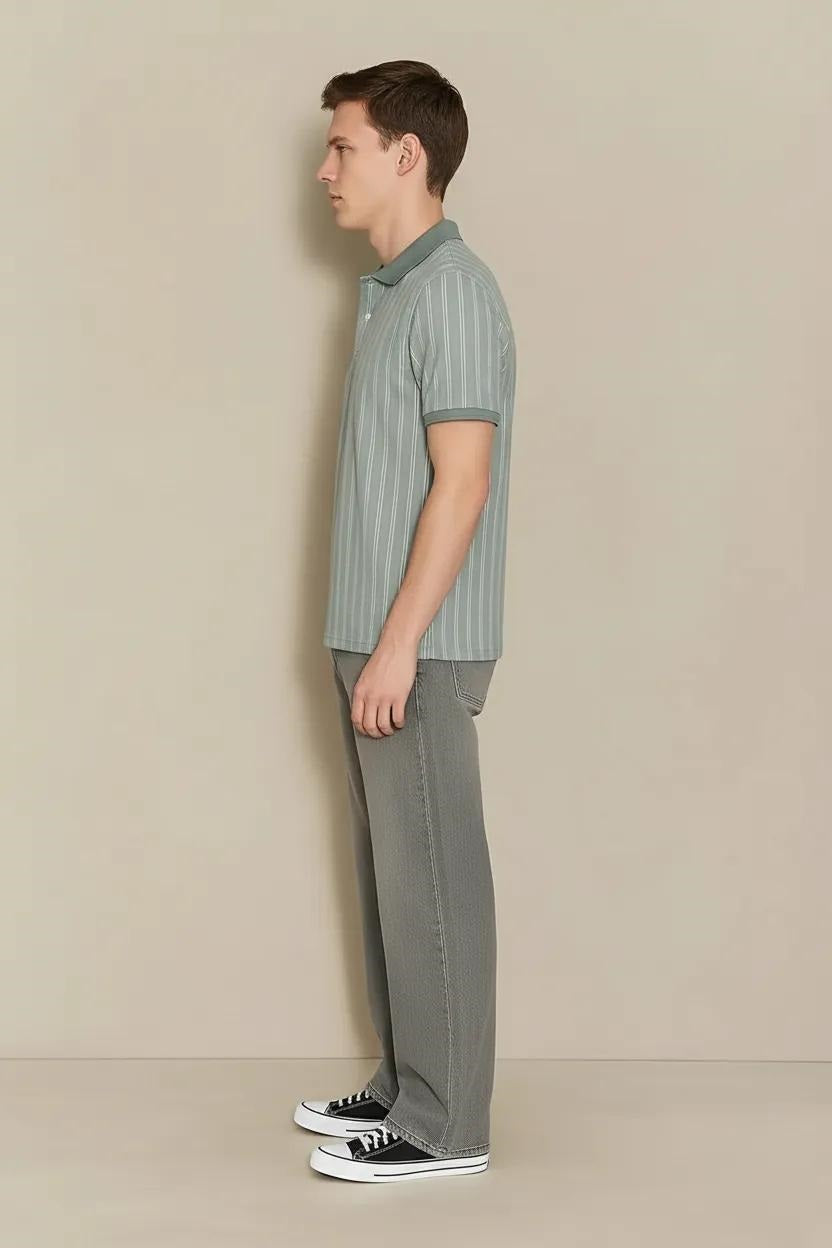 Men Pearl Blue Striped Polo Collar T-shirt