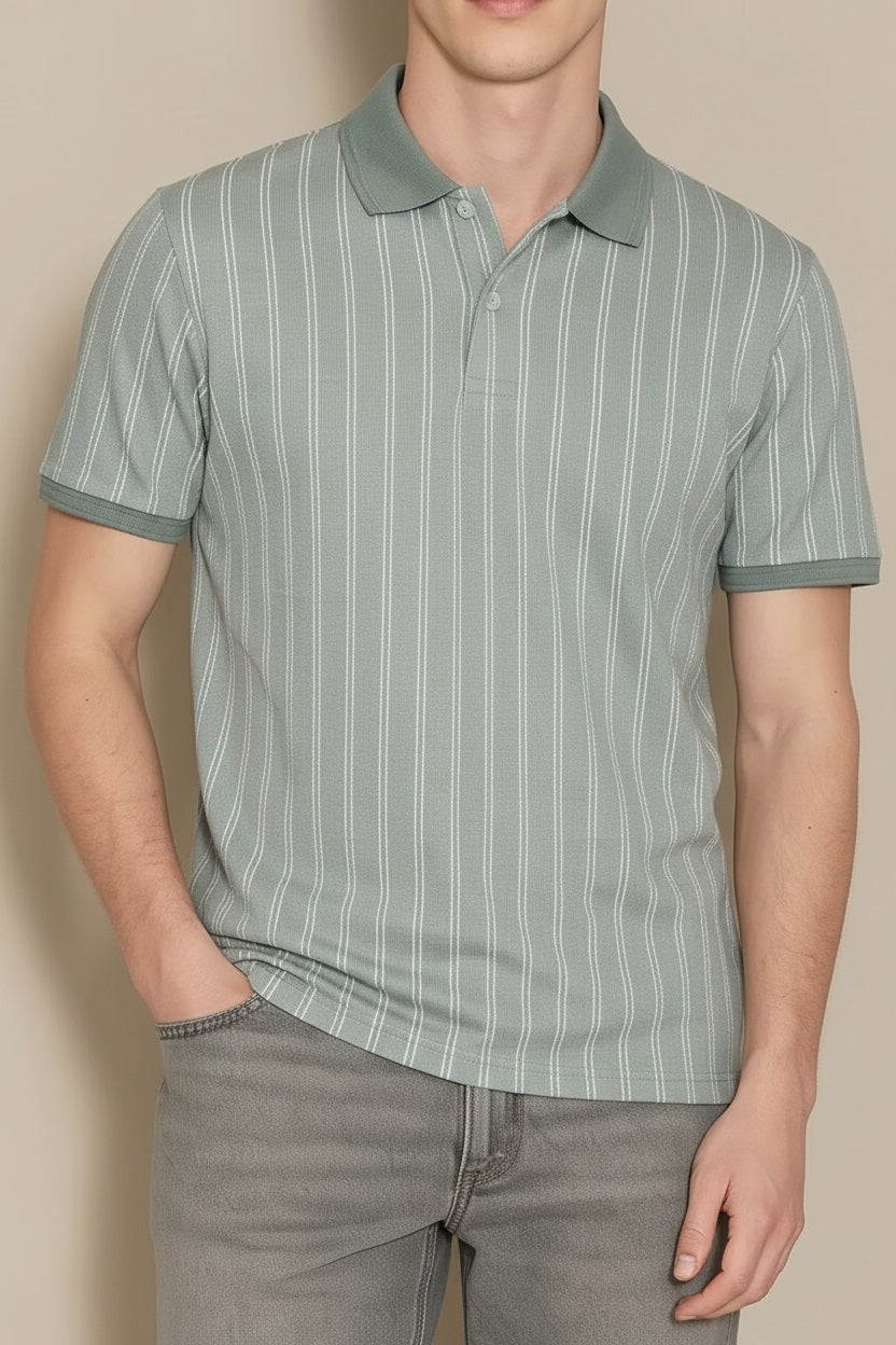 Men Pearl Blue Striped Polo Collar T-shirt