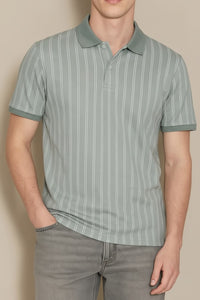 Men Pearl Blue Striped Polo Collar T-shirt