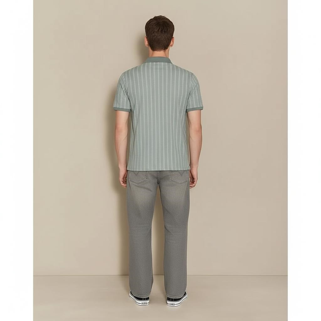 Men Pearl Blue Striped Polo Collar T-shirt
