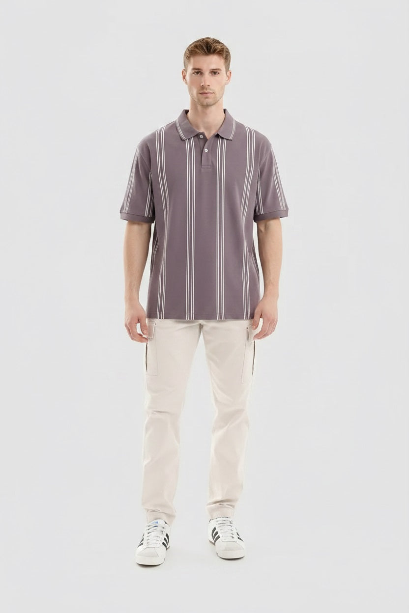 Men Black Currant Striped Polo Collar T-shirt