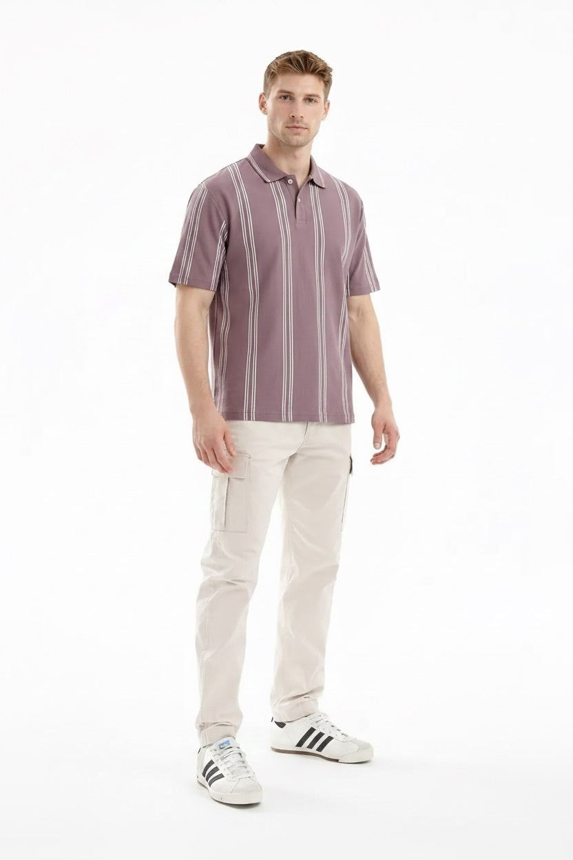 Men Black Currant Striped Polo Collar T-shirt