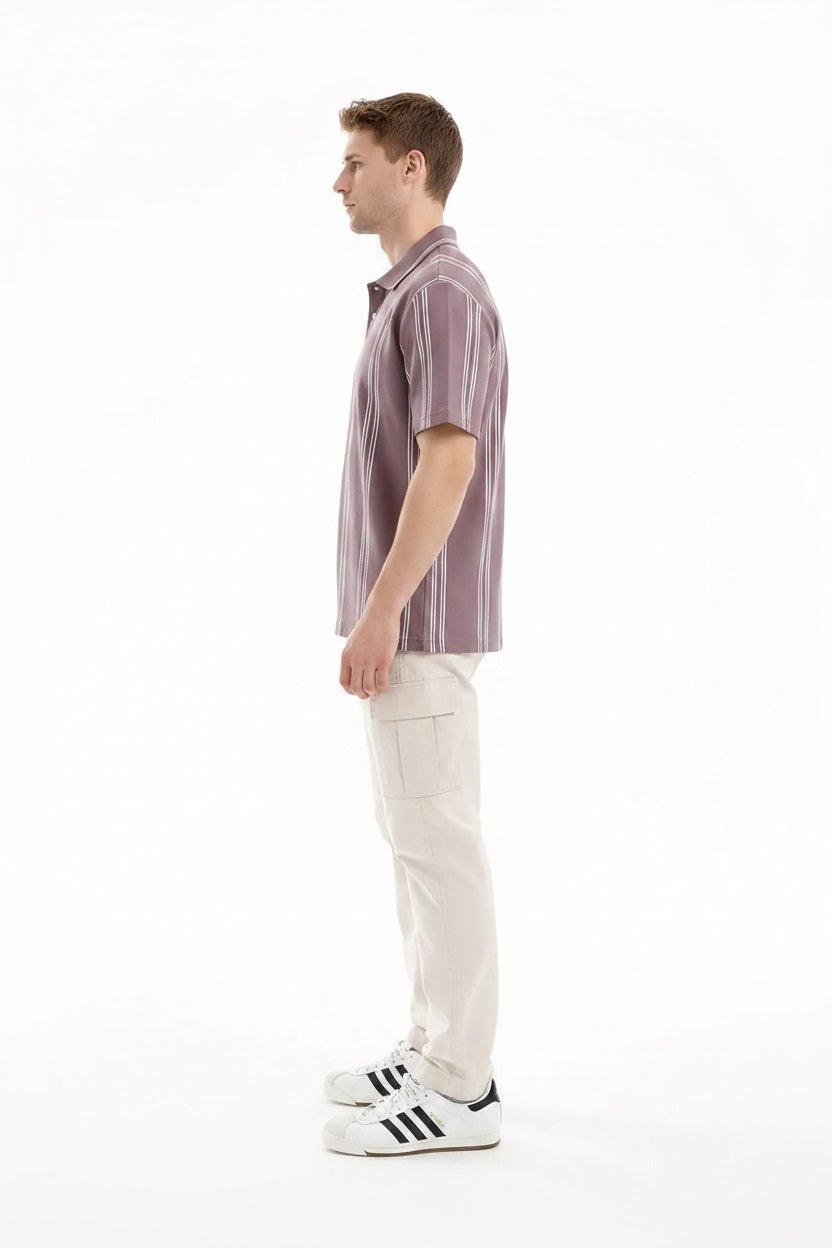 Men Black Currant Striped Polo Collar T-shirt