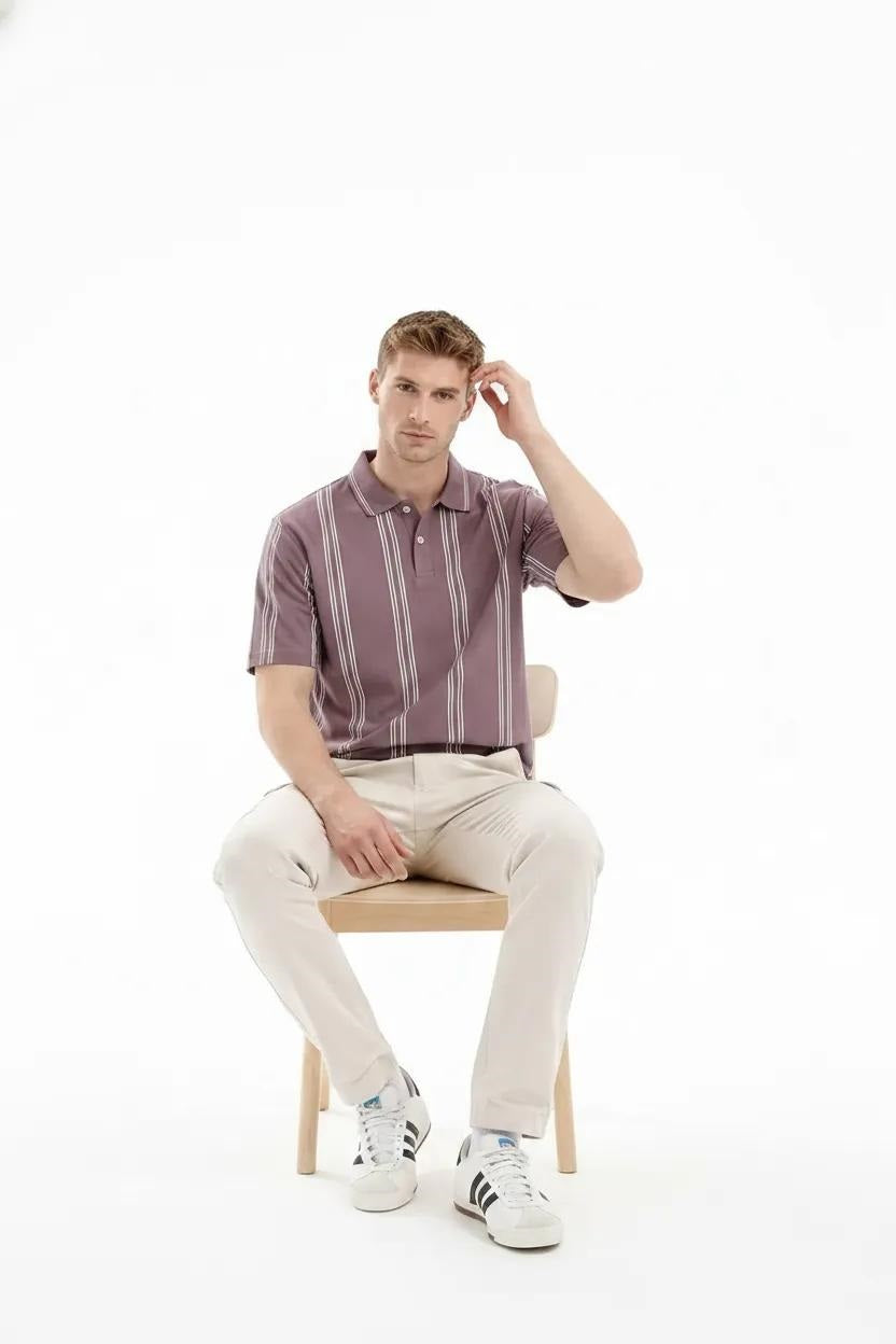 Men Black Currant Striped Polo Collar T-shirt