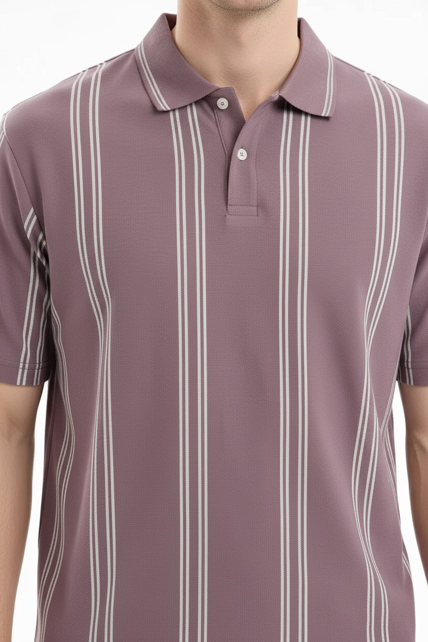 Men Black Currant Striped Polo Collar T-shirt
