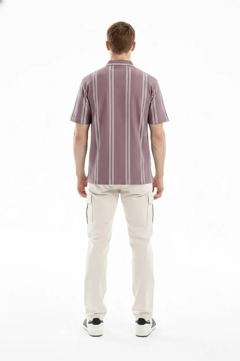 Men Black Currant Striped Polo Collar T-shirt