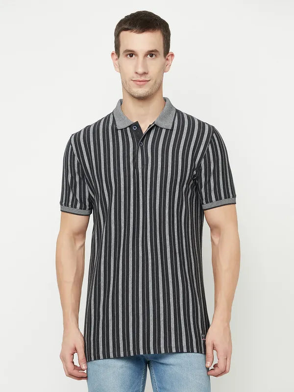 Octave Men Grey Striped Polo Collar T-Shirt