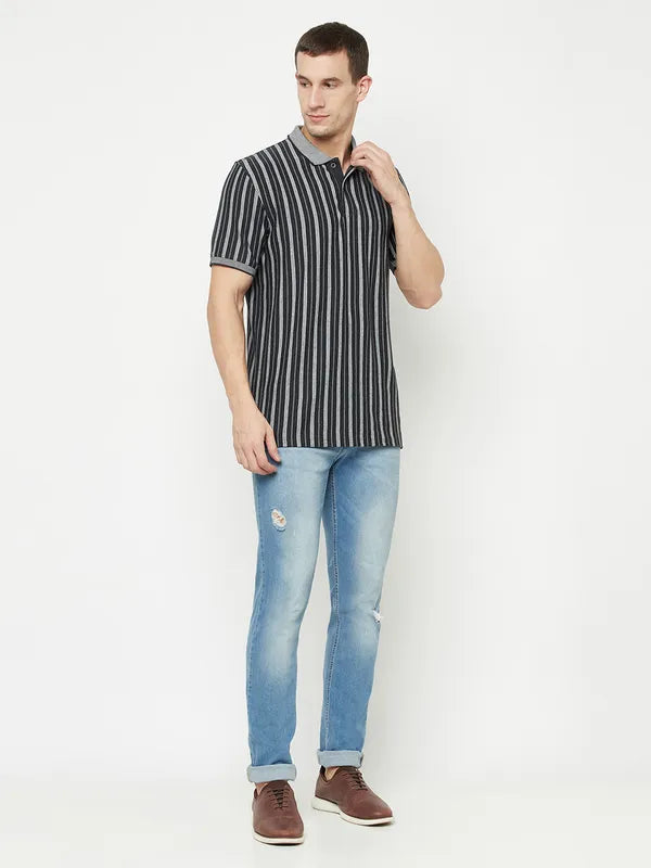 Octave Men Grey Striped Polo Collar T-Shirt