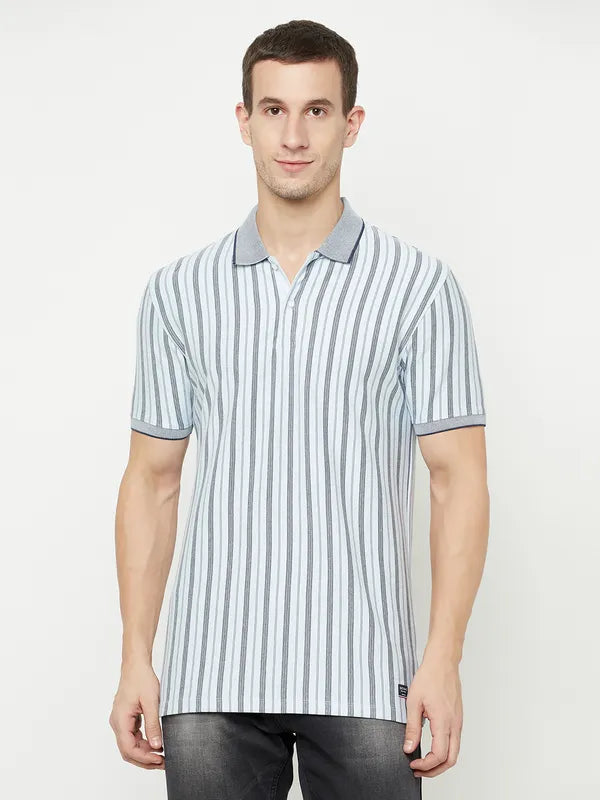 Octave Men Blue Striped Polo Collar T-Shirt