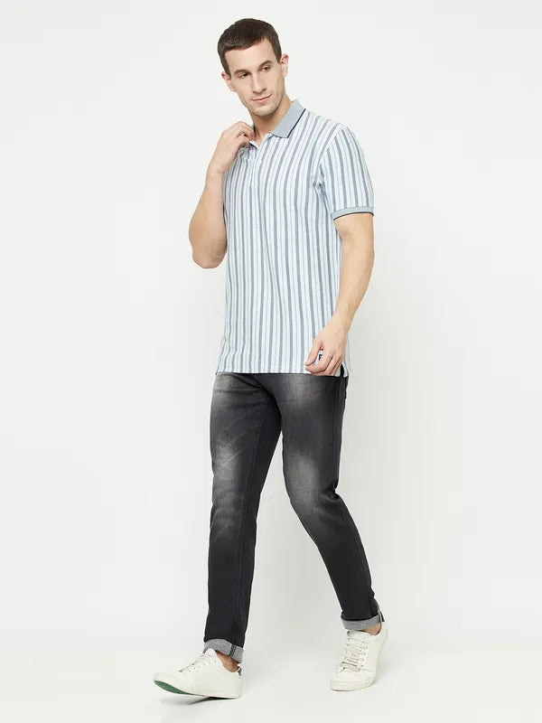 Octave Men Blue Striped Polo Collar T-Shirt