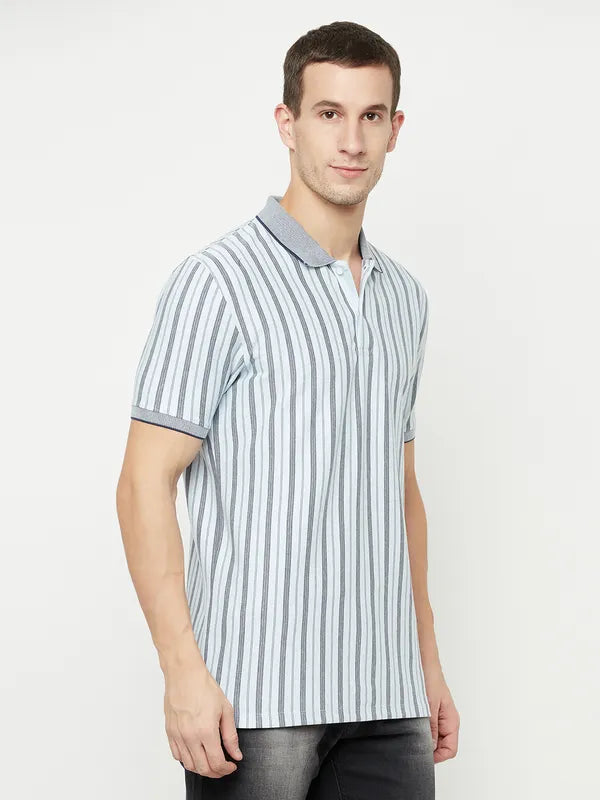 Octave Men Blue Striped Polo Collar T-Shirt