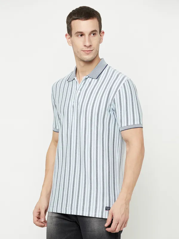 Octave Men Blue Striped Polo Collar T-Shirt