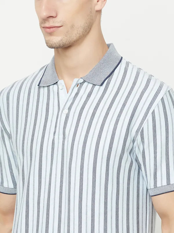 Octave Men Blue Striped Polo Collar T-Shirt