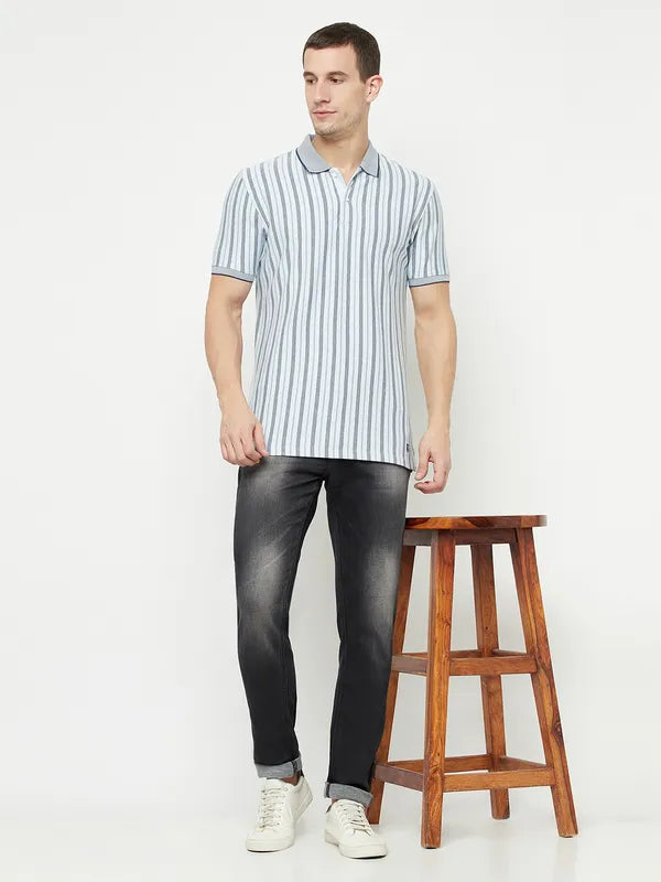 Octave Men Blue Striped Polo Collar T-Shirt