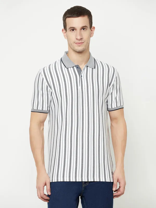 Octave Men White Striped Polo Collar T-Shirt