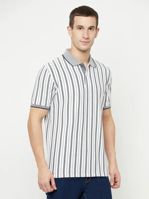 Octave Men White Striped Polo Collar T-Shirt