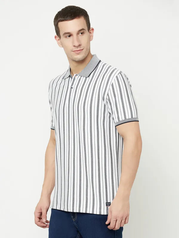 Octave Men White Striped Polo Collar T-Shirt