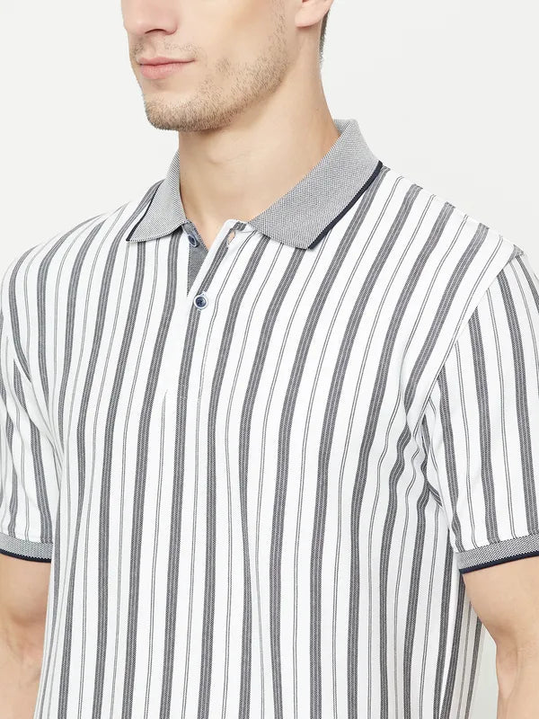 Octave Men White Striped Polo Collar T-Shirt