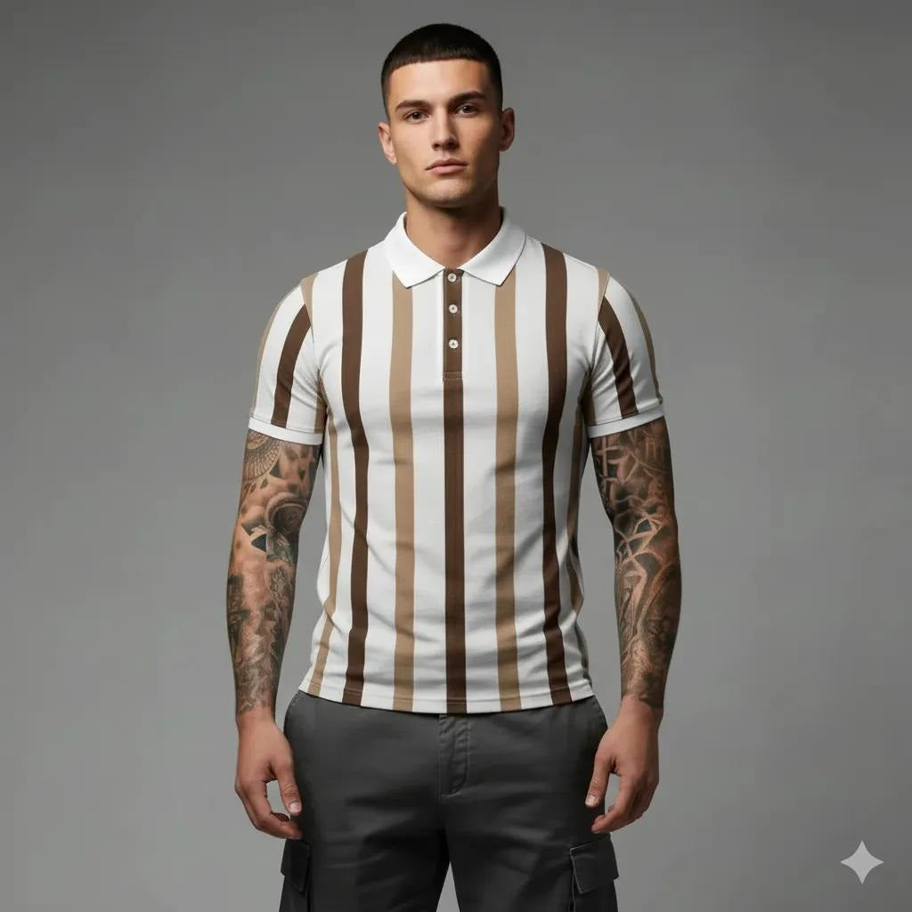 Men Coffee Melange Striped Polo Collar T-shirt