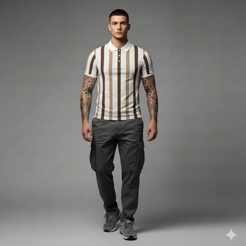 Men Coffee Melange Striped Polo Collar T-shirt