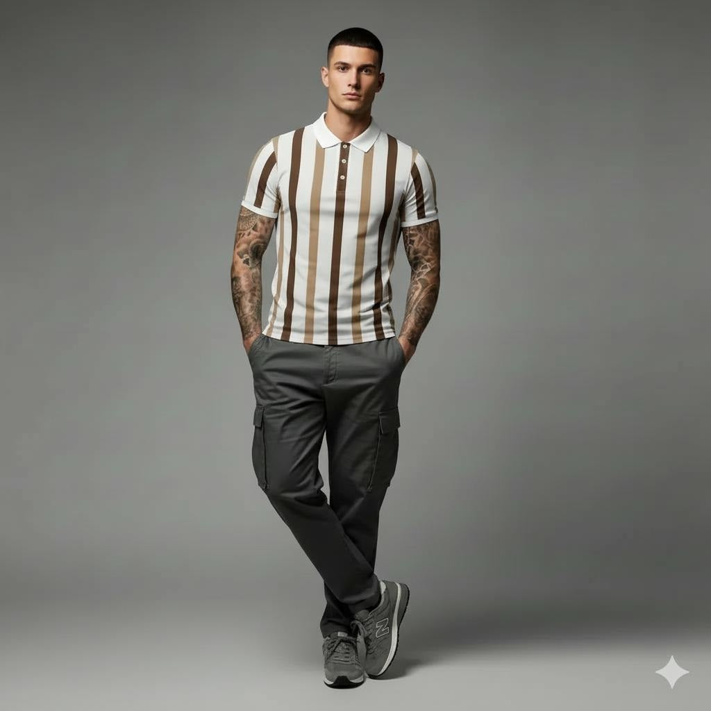 Men Coffee Melange Striped Polo Collar T-shirt