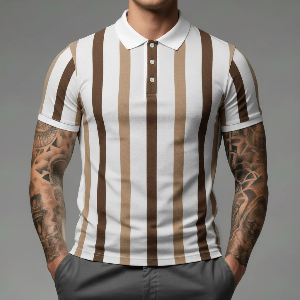 Men Coffee Melange Striped Polo Collar T-shirt