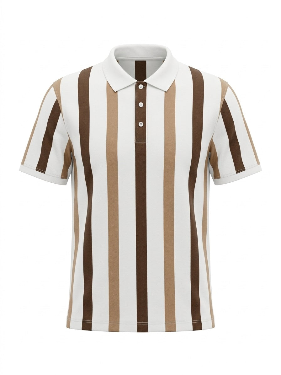 Men Coffee Melange Striped Polo Collar T-shirt