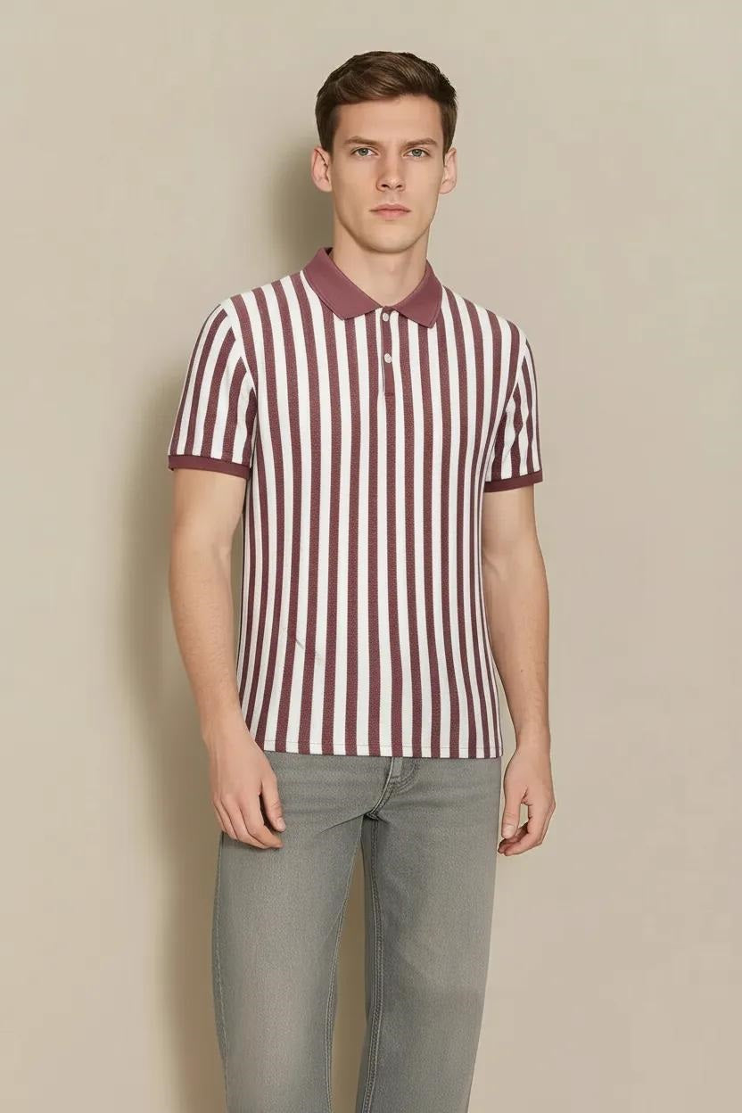 Men Suede Pink Striped Polo Collar T-shirt