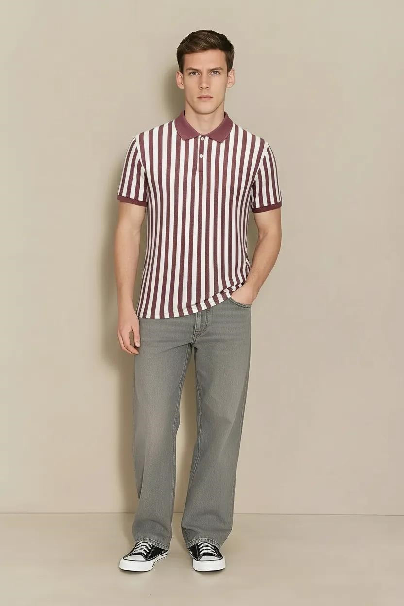 Men Suede Pink Striped Polo Collar T-shirt