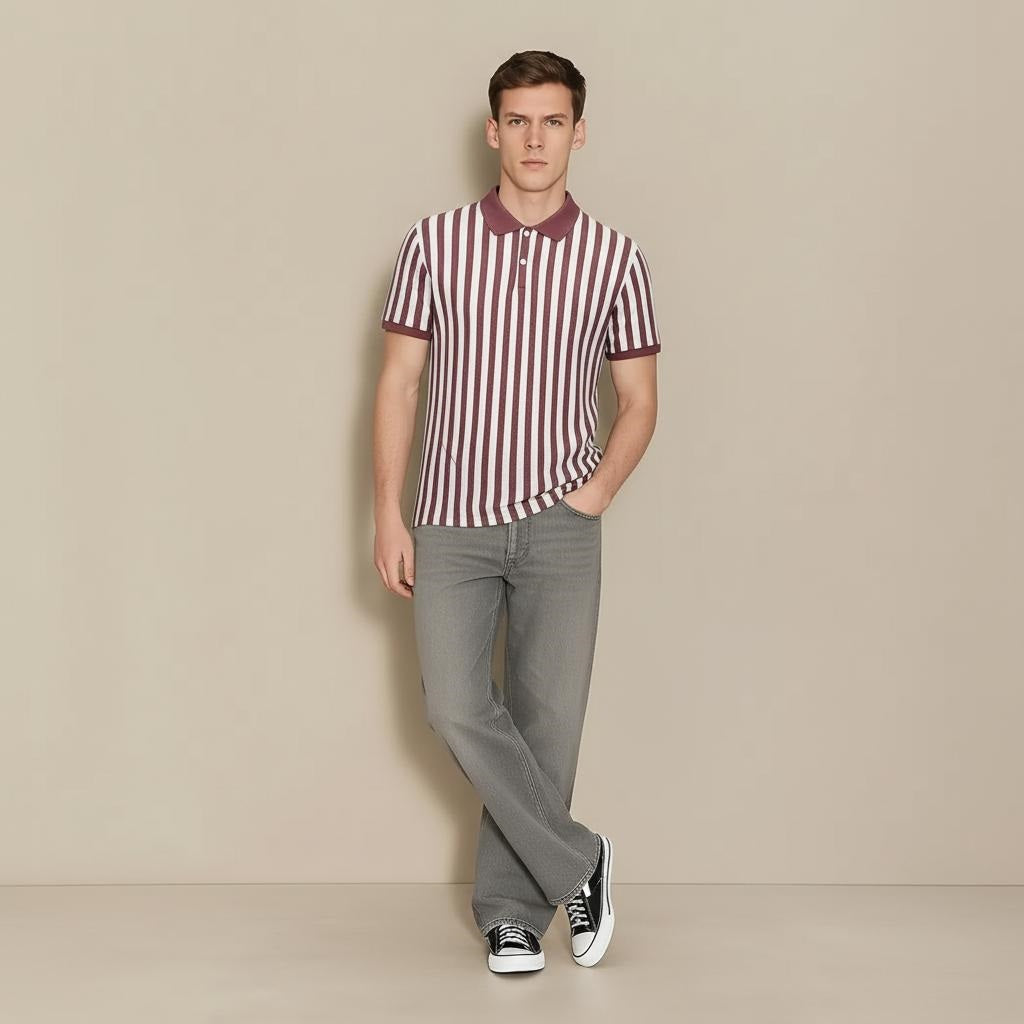 Men Suede Pink Striped Polo Collar T-shirt