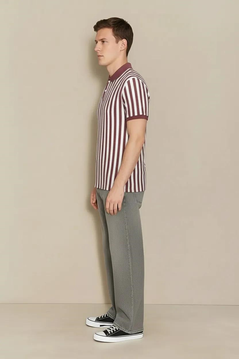 Men Suede Pink Striped Polo Collar T-shirt