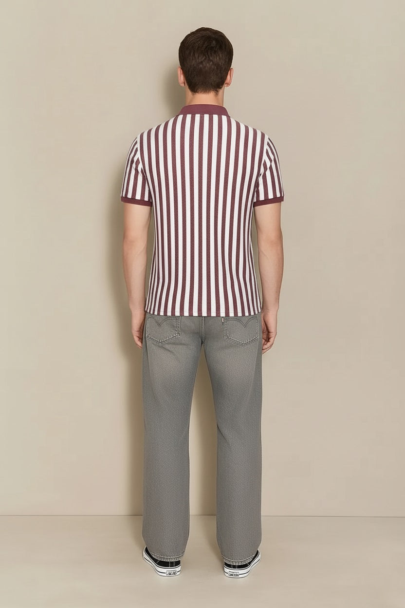 Men Suede Pink Striped Polo Collar T-shirt