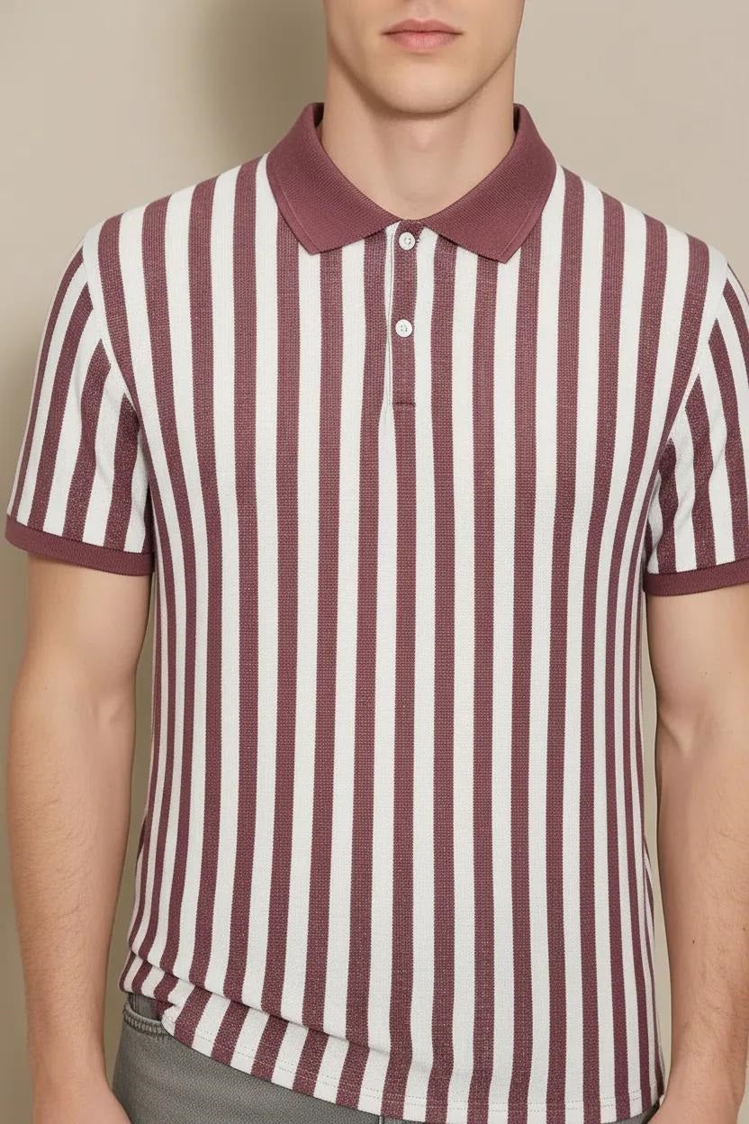 Men Suede Pink Striped Polo Collar T-shirt
