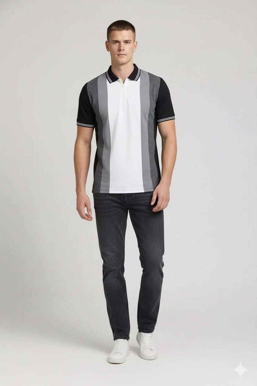 Men Black Colourblocked Polo Collar T-shirt